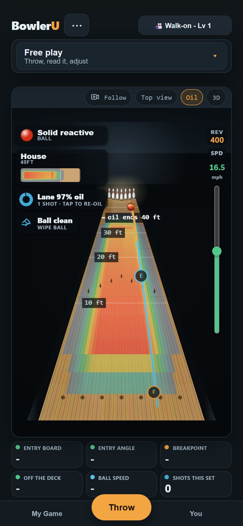 BowlerU's lane view: a ball hooking through the oil pattern toward the pocket